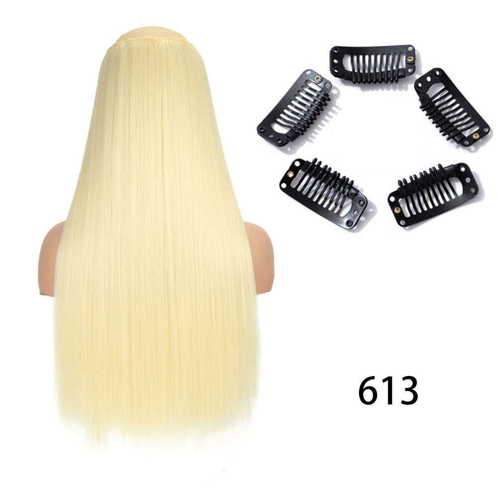 Synthetic Long Straight Clip In One Piece Hair Extension 5 Clips False Blonde Hair Brown Black Heat Resistant Fake Hair - KIMLUD