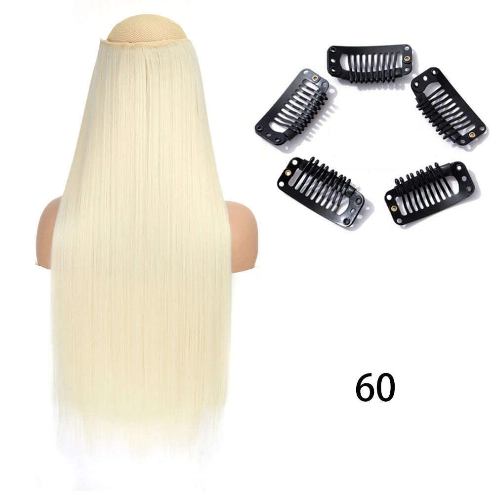 Synthetic Long Straight Clip In One Piece Hair Extension 5 Clips False Blonde Hair Brown Black Heat Resistant Fake Hair - KIMLUD