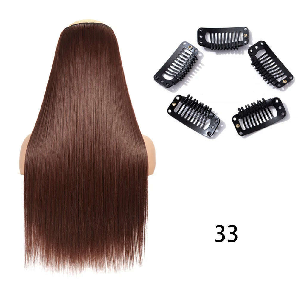 Synthetic Long Straight Clip In One Piece Hair Extension 5 Clips False Blonde Hair Brown Black Heat Resistant Fake Hair - KIMLUD