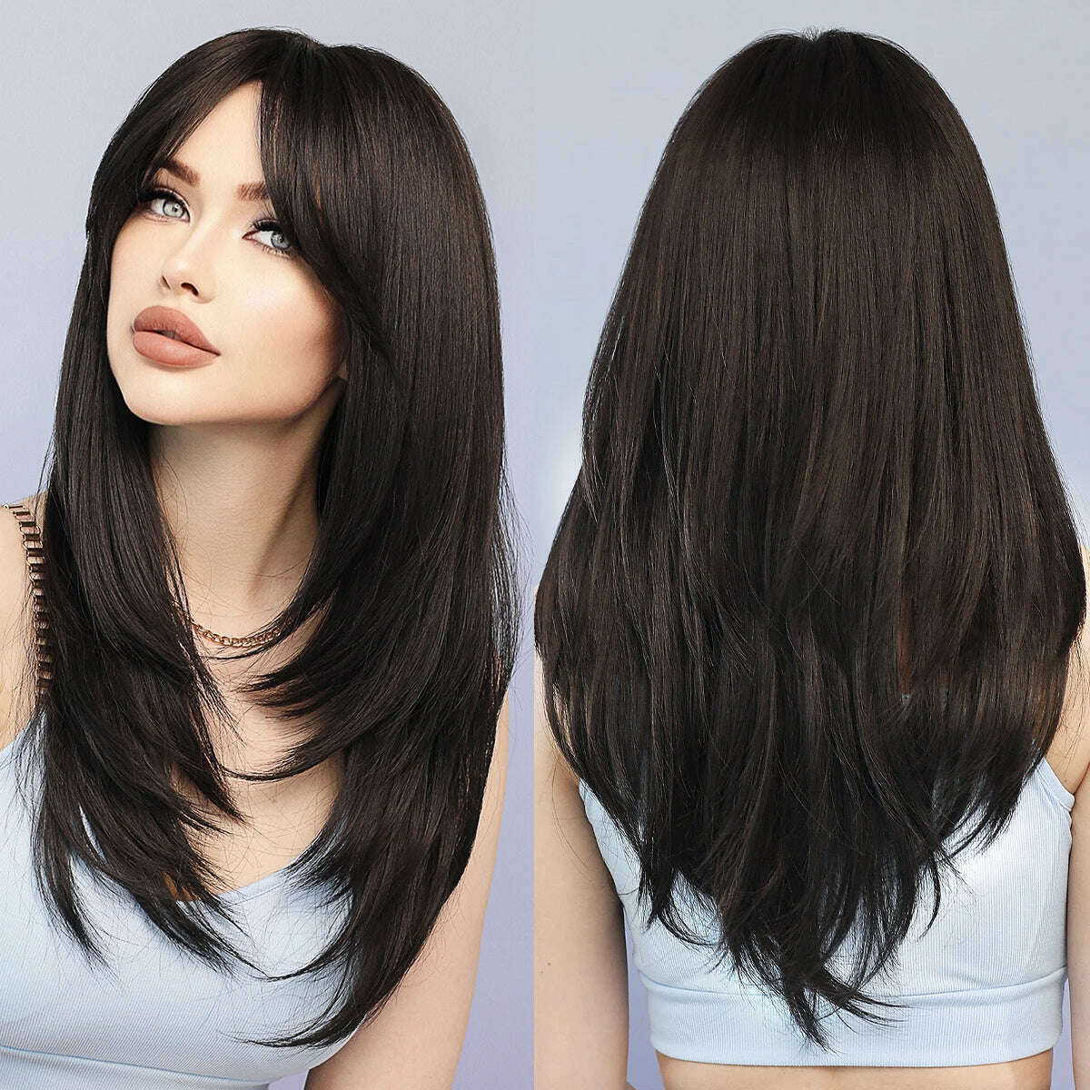 Synthetic Loose Straight Wig for Women Daily Party High Density Natural Middle Part Layered Black Hair Wigs with Curtain Bangs - KIMLUD