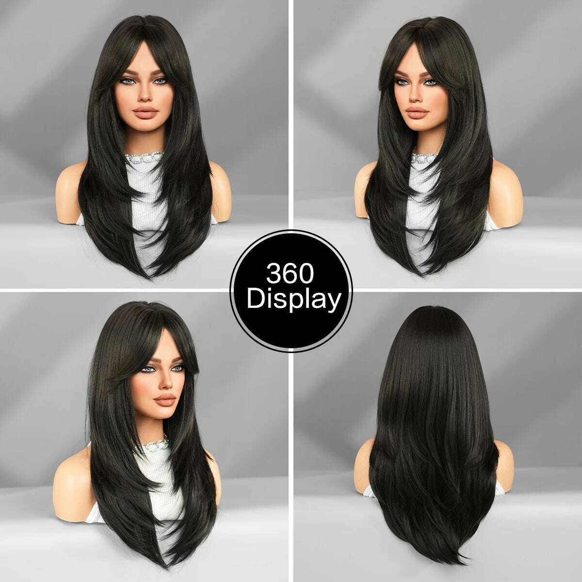 Synthetic Loose Straight Wig for Women Daily Party High Density Natural Middle Part Layered Black Hair Wigs with Curtain Bangs - KIMLUD