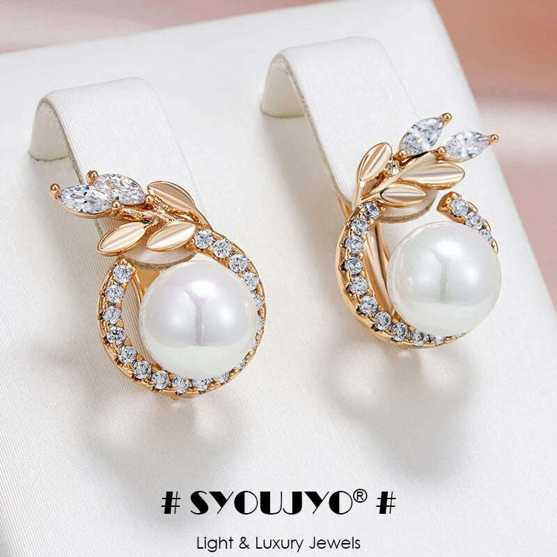 KIMLUD, SYOUJYO 585 Rose Gold Color Pearl Earrings For Women Natural Zircon Luxury Fine Daily Jewelry Gift, KIMLUD Womens Clothes