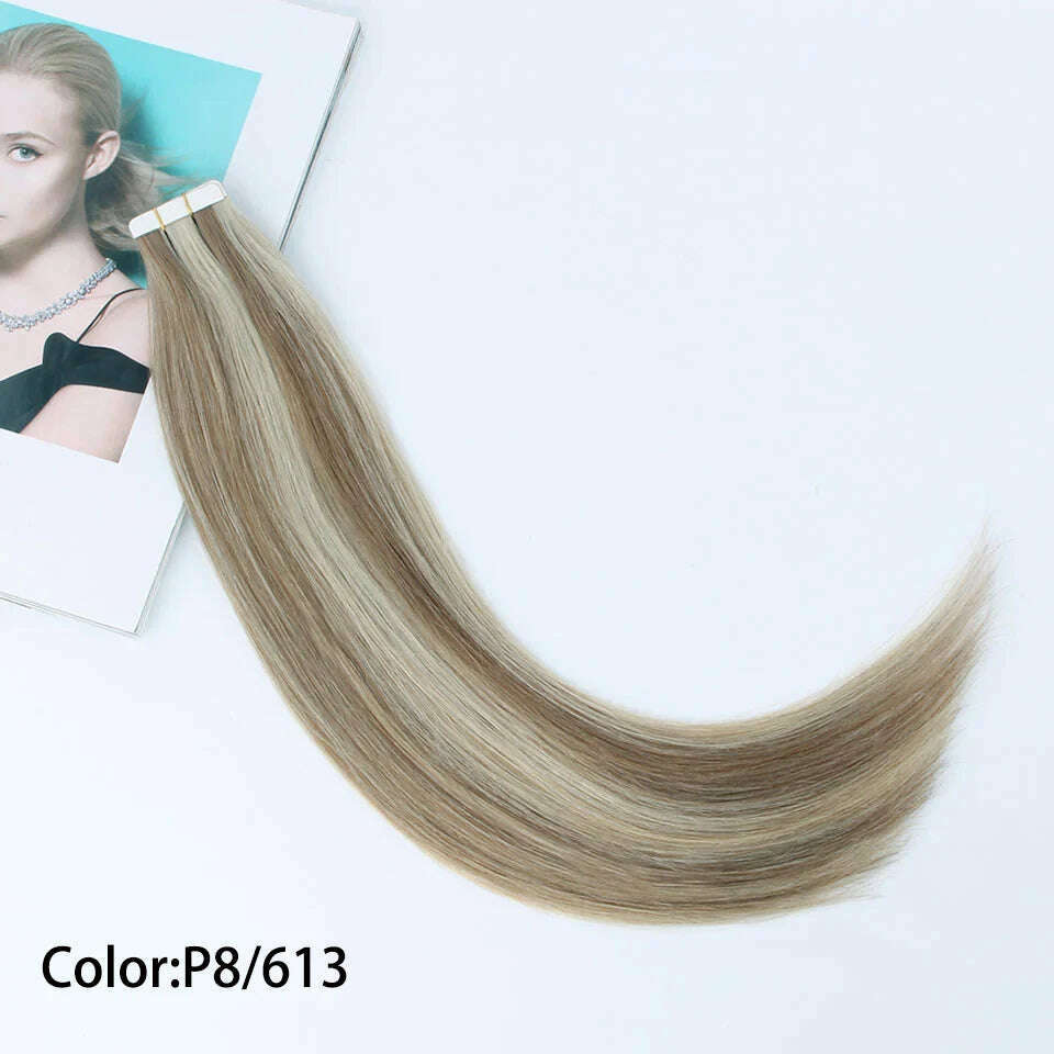 Tape in Hair Extensions Color #P8/613 Tape Remy Hair Extensions Straight Tape Extensions 16-26Inches Seamless Tape in Hair - KIMLUD