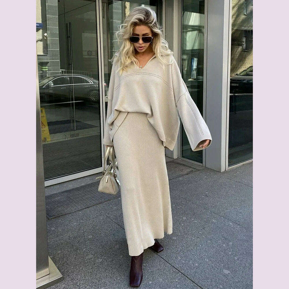 TARUXY Solid Loose Sweater Suit Female Fashion V-Neck Knit Pollover Top Long Skirt High Waist Autumn Winter Skirt 2 Piece Set - KIMLUD