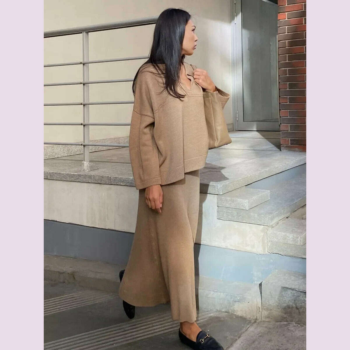 KIMLUD, TARUXY Solid Loose Sweater Suit Female Fashion V-Neck Knit Pollover Top Long Skirt High Waist Autumn Winter Skirt 2 Piece Set, Brown / S, KIMLUD APPAREL - Womens Clothes