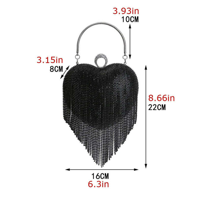 KIMLUD, Tassel Women Evening Bags Diamonds Heart Design Fashion Rhinestones Day Clutch One Side Handle Handbags Purse, KIMLUD Womens Clothes