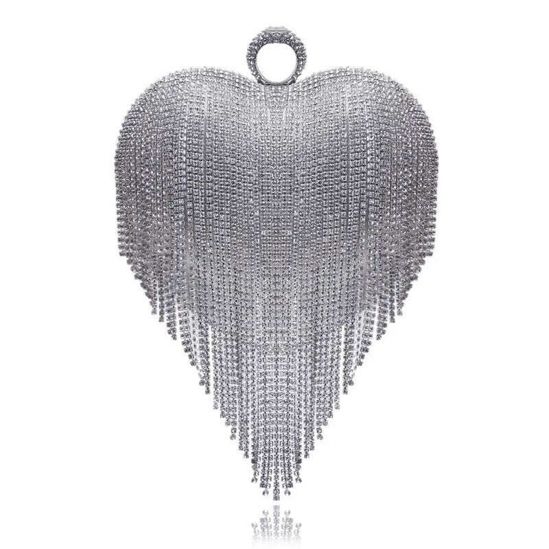 KIMLUD, Tassel Women Evening Bags Diamonds Heart Design Fashion Rhinestones Day Clutch One Side Handle Handbags Purse, YM1106silver, KIMLUD APPAREL - Womens Clothes