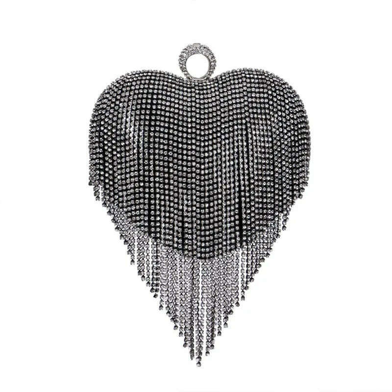 KIMLUD, Tassel Women Evening Bags Diamonds Heart Design Fashion Rhinestones Day Clutch One Side Handle Handbags Purse, KIMLUD Womens Clothes