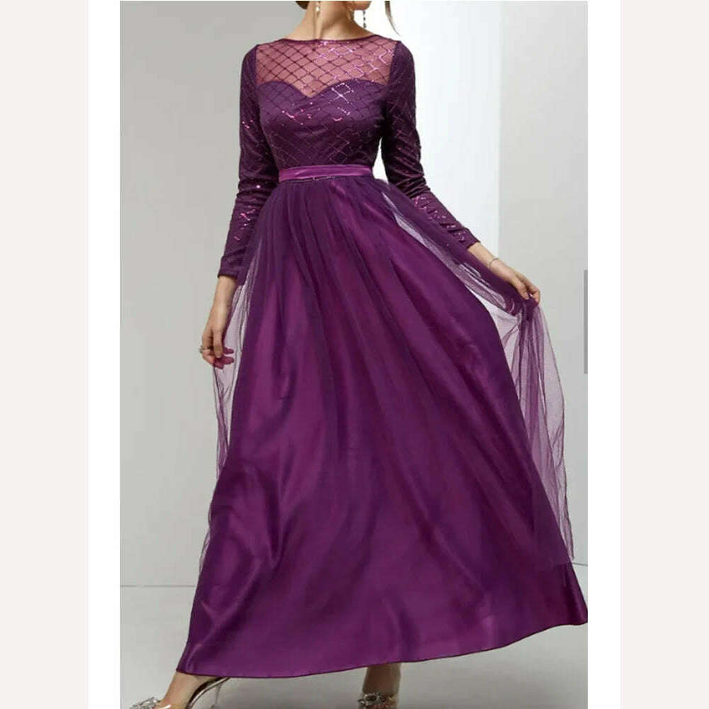 KIMLUD, Temperament Party Dress Plus Size Sequin Satin Women O-Neck Evening Dress Sweetheart Puff Long Robe Mermaid Midi Party Gowns, Purple / 5XL, KIMLUD APPAREL - Womens Clothes