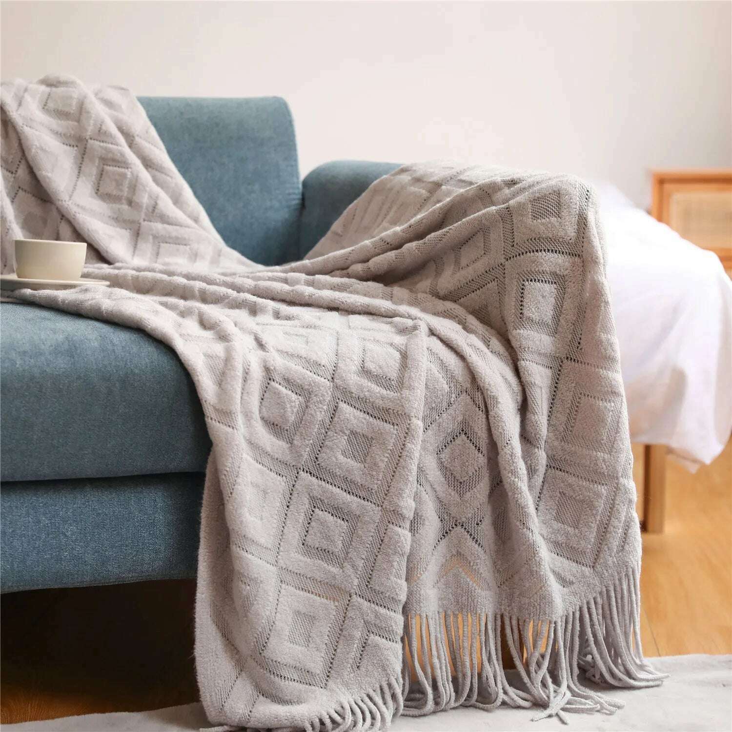 Textile City Diamond-Shaped Cashmere Sofa Blanket Solid Winter Thickened Knitting Tassels Blanket Office Nap Jacquard DIY Towel - KIMLUD