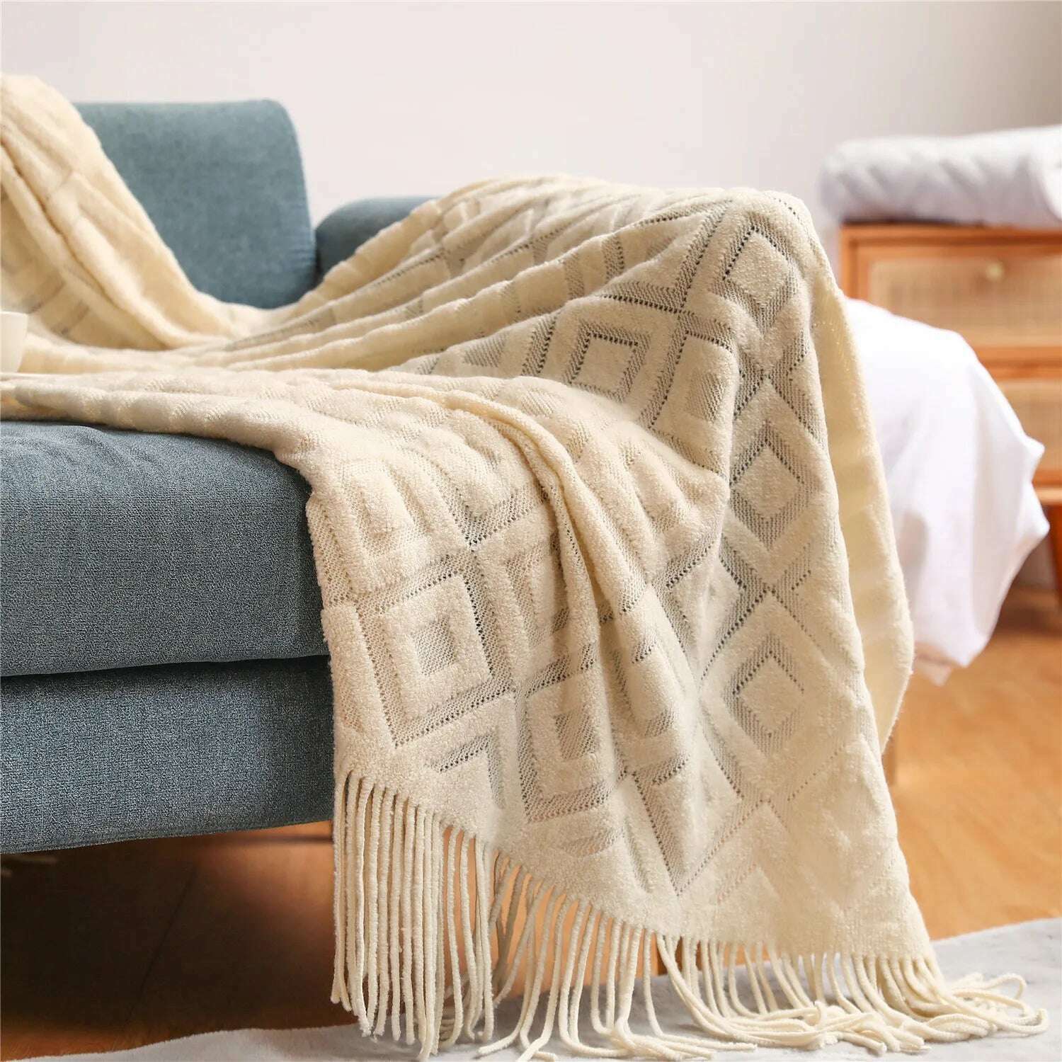 KIMLUD, Textile City Diamond-Shaped Cashmere Sofa Blanket Solid Winter Thickened Knitting Tassels Blanket Office Nap Jacquard DIY Towel, Beige / 127x172cm, KIMLUD APPAREL - Womens Clothes