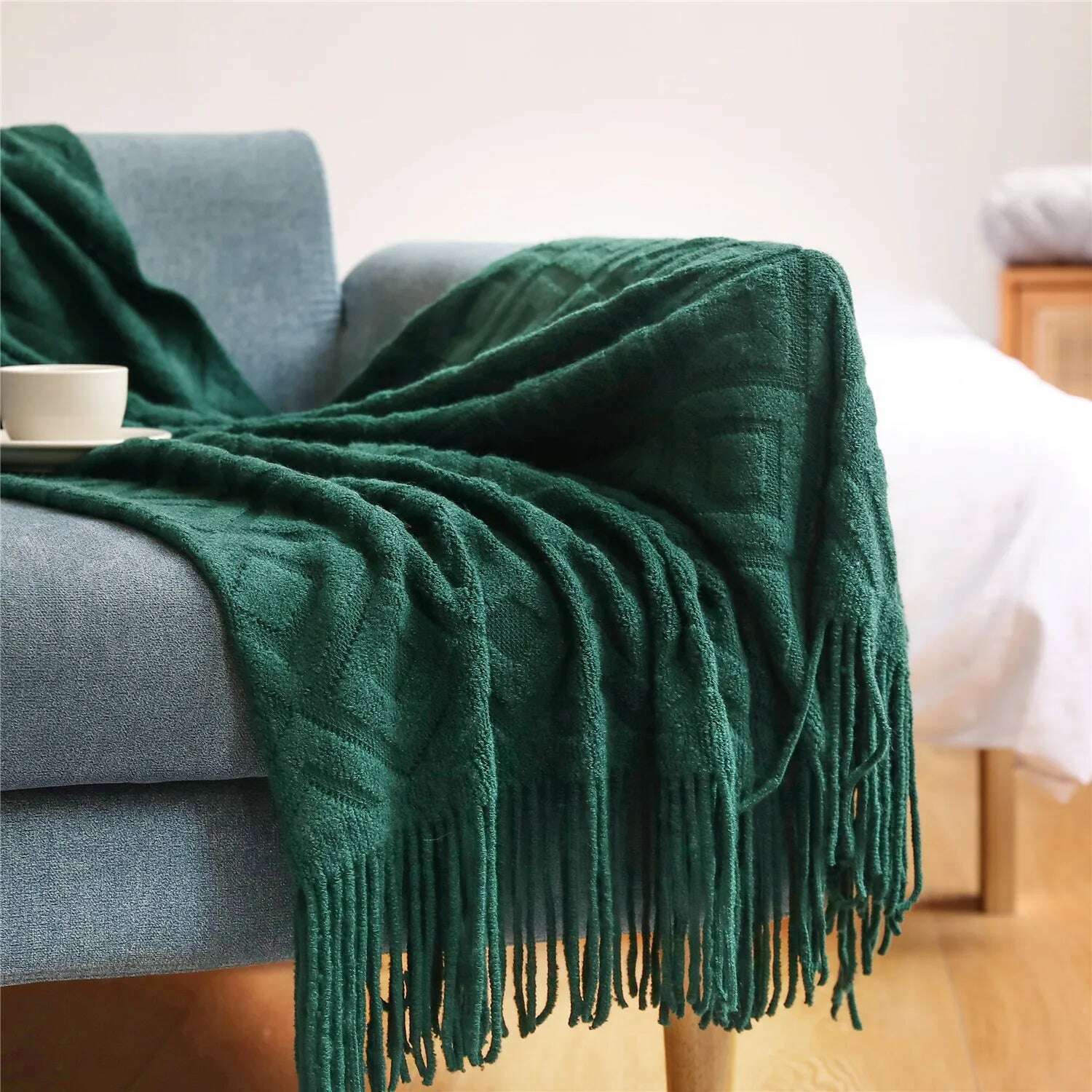 Textile City Diamond-Shaped Cashmere Sofa Blanket Solid Winter Thickened Knitting Tassels Blanket Office Nap Jacquard DIY Towel - KIMLUD