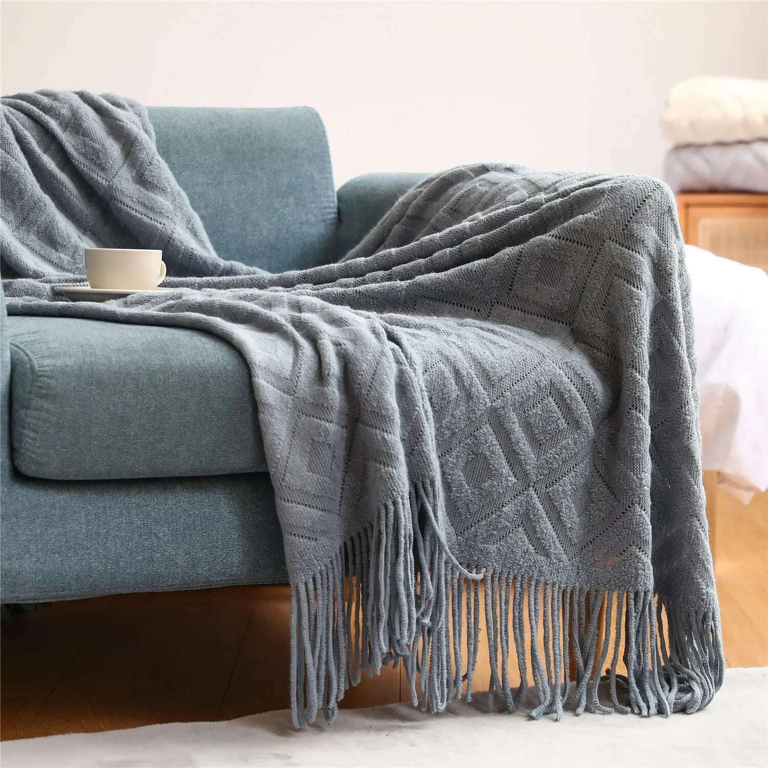 KIMLUD, Textile City Diamond-Shaped Cashmere Sofa Blanket Solid Winter Thickened Knitting Tassels Blanket Office Nap Jacquard DIY Towel, Blue / 127x172cm, KIMLUD APPAREL - Womens Clothes