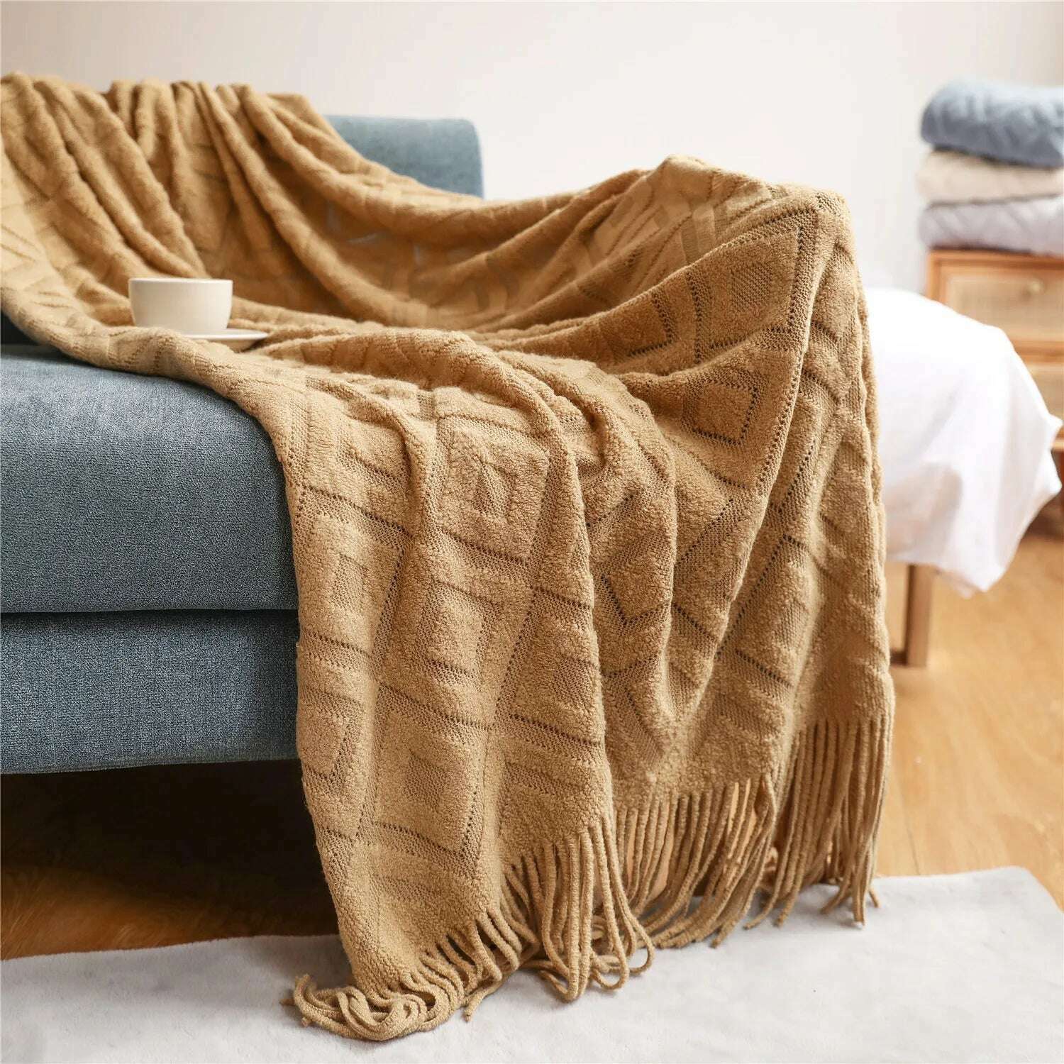 KIMLUD, Textile City Diamond-Shaped Cashmere Sofa Blanket Solid Winter Thickened Knitting Tassels Blanket Office Nap Jacquard DIY Towel, Camel / 127x172cm, KIMLUD APPAREL - Womens Clothes