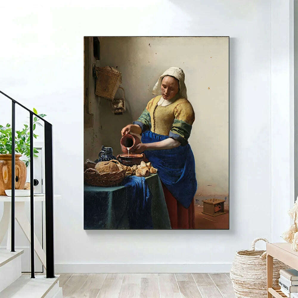 KIMLUD, The Milkmaid By Johannes Vermeer Woman Famous Canvas Oil Painting Posters and Prints Wall Art Picture Living Room Decor Cuadros, KIMLUD Womens Clothes