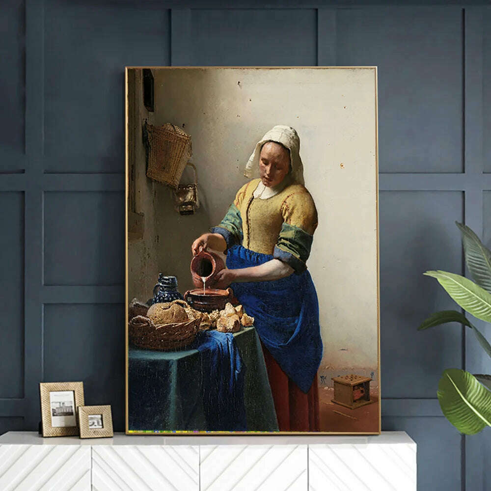 KIMLUD, The Milkmaid By Johannes Vermeer Woman Famous Canvas Oil Painting Posters and Prints Wall Art Picture Living Room Decor Cuadros, KIMLUD Womens Clothes