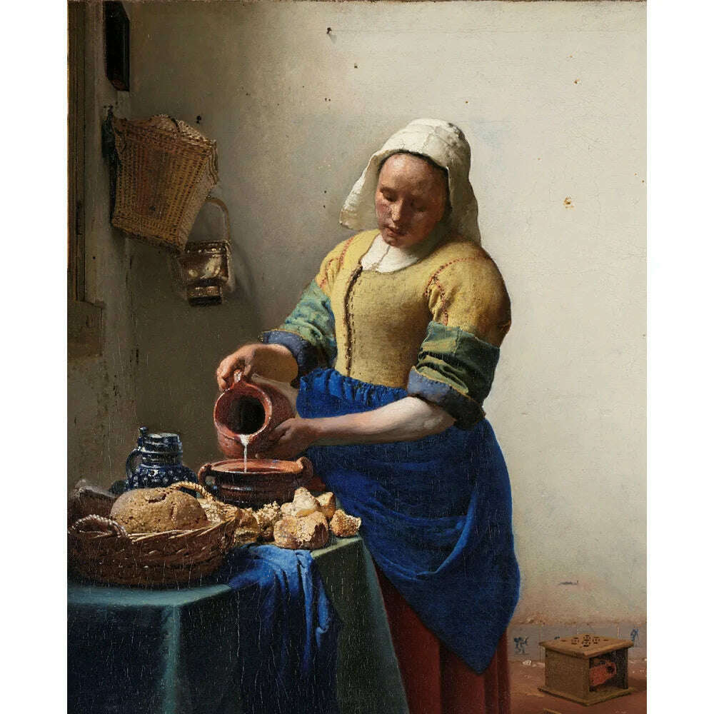 KIMLUD, The Milkmaid By Johannes Vermeer Woman Famous Canvas Oil Painting Posters and Prints Wall Art Picture Living Room Decor Cuadros, KIMLUD Womens Clothes