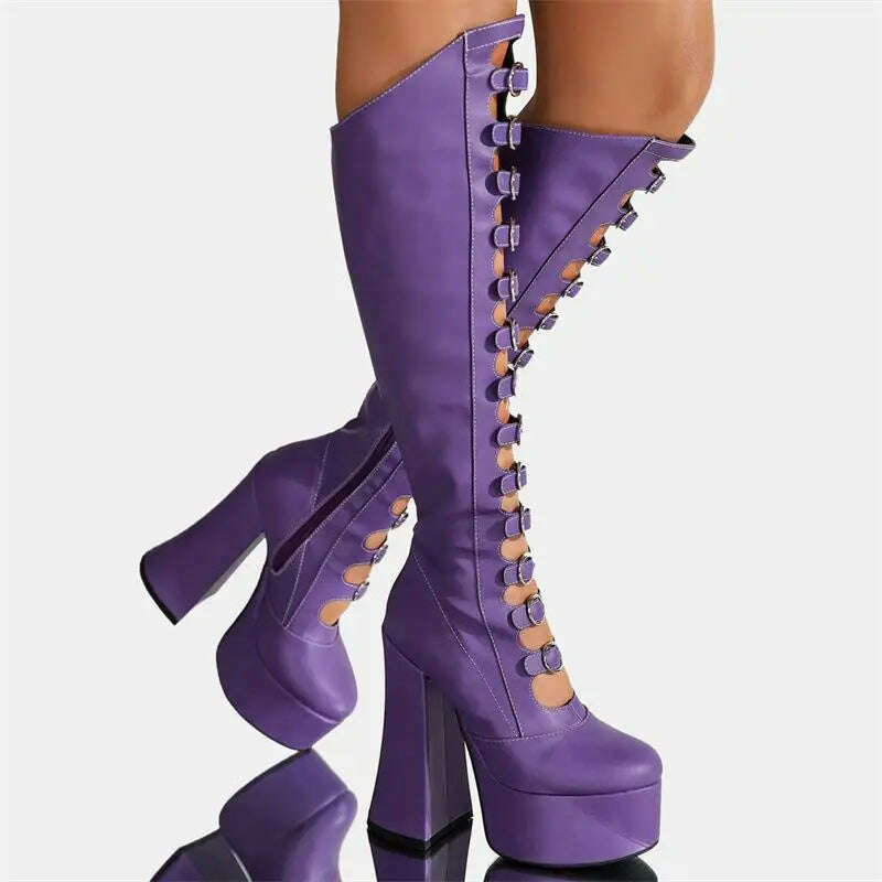 Thick Bottom Hollow Knee High Boots Women Side Zipper Square Heel Pole Dance Female Sexy Shoes Super High Heel Platform Designer - KIMLUD