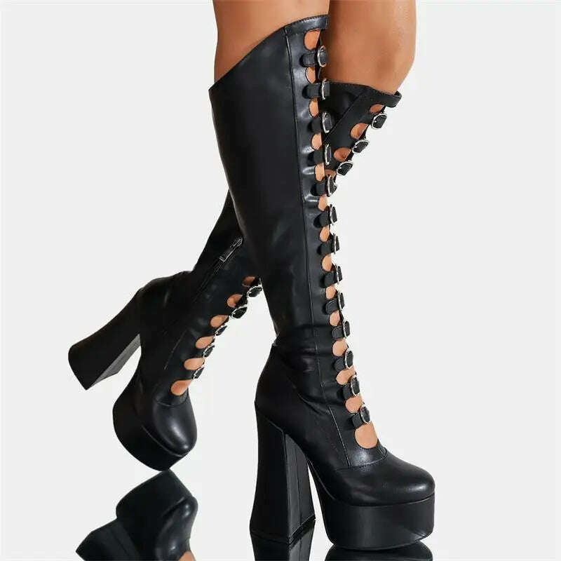 Thick Bottom Hollow Knee High Boots Women Side Zipper Square Heel Pole Dance Female Sexy Shoes Super High Heel Platform Designer - KIMLUD