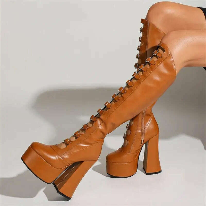 Thick Bottom Hollow Knee High Boots Women Side Zipper Square Heel Pole Dance Female Sexy Shoes Super High Heel Platform Designer - KIMLUD