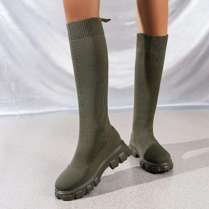 KIMLUD, Thick Sole Knitted Long Boots for Women Fashion Elastic Socks Shoes Boots Over Knee Round Toe Low Heels Botas De Mujer 2024, green / 42, KIMLUD APPAREL - Womens Clothes