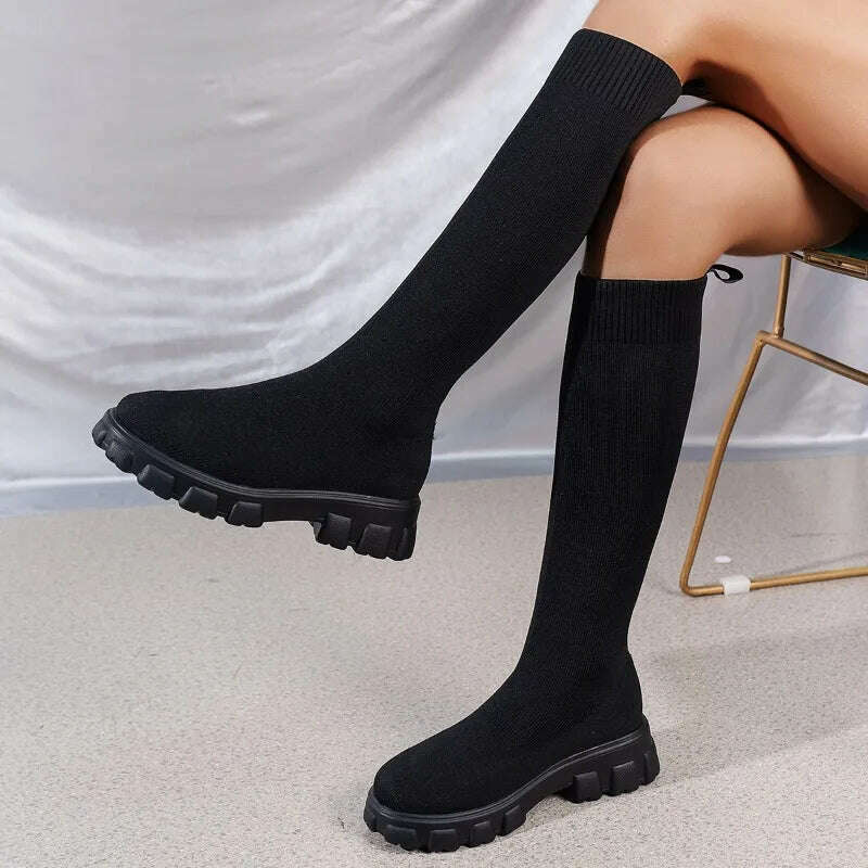 KIMLUD, Thick Sole Knitted Long Boots for Women Fashion Elastic Socks Shoes Boots Over Knee Round Toe Low Heels Botas De Mujer 2024, black / 38, KIMLUD APPAREL - Womens Clothes