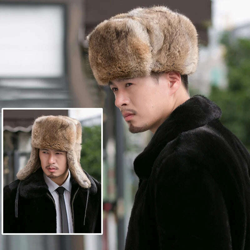 Thick Warm Bomber Hat Men Real Rabbit Fur Earflap Trapper Russian Cap Male Plus Size Winter Hats for Men Ski Russian Hat - KIMLUD