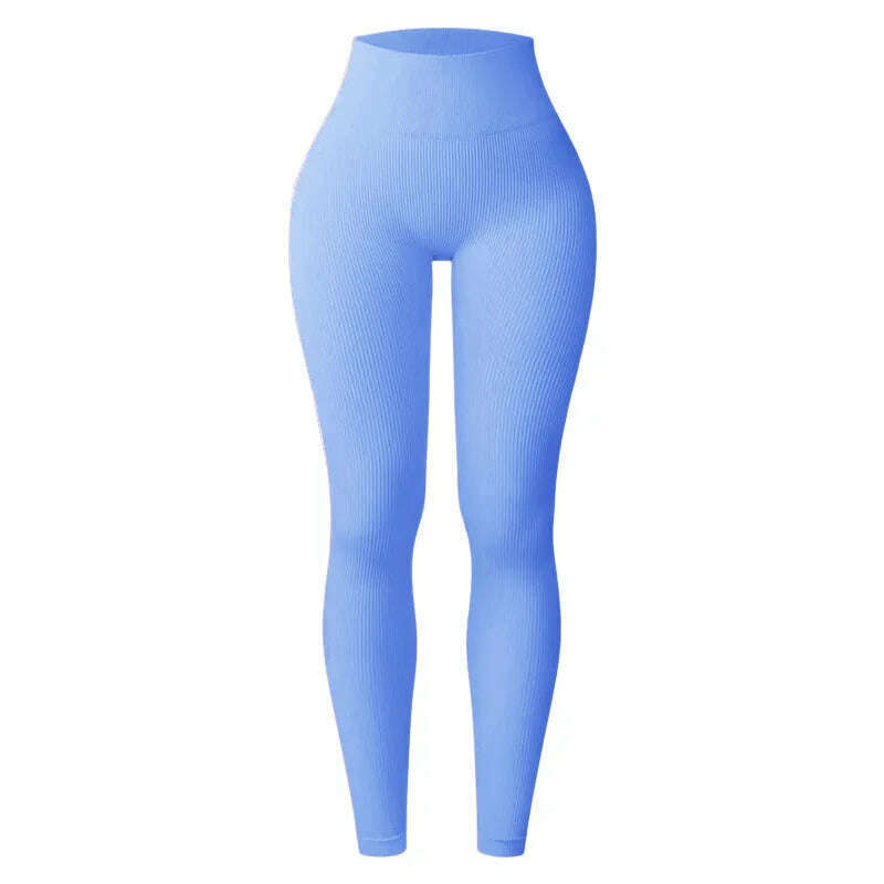 KIMLUD, Thread Solid Leggings Women Seamless Knit Yoga Pants High Waist Hip Liftting Tights Fashion Slim Workout Running Sports Leggings, blue / S, KIMLUD APPAREL - Womens Clothes