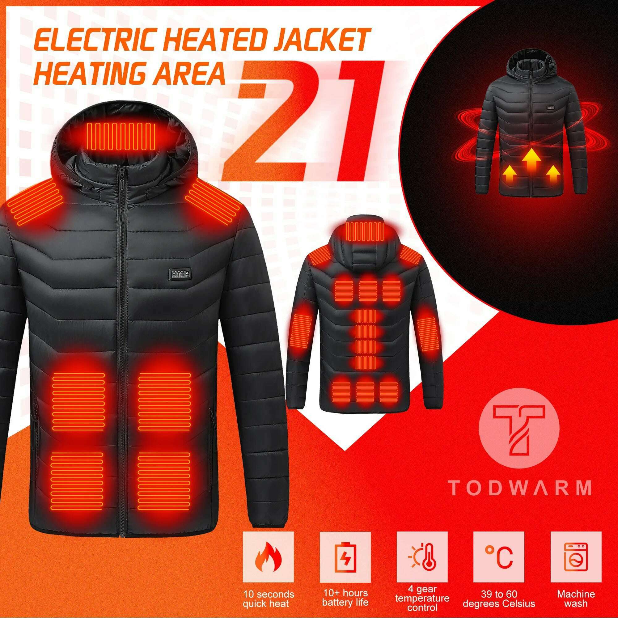 KIMLUD, TODWARM Heated Jacket 21 Areas Winter Men's Women's Motorcycle Jacket USB Electric Heating Jacket Heated Vest Moto Thermal Cloth, KIMLUD Womens Clothes