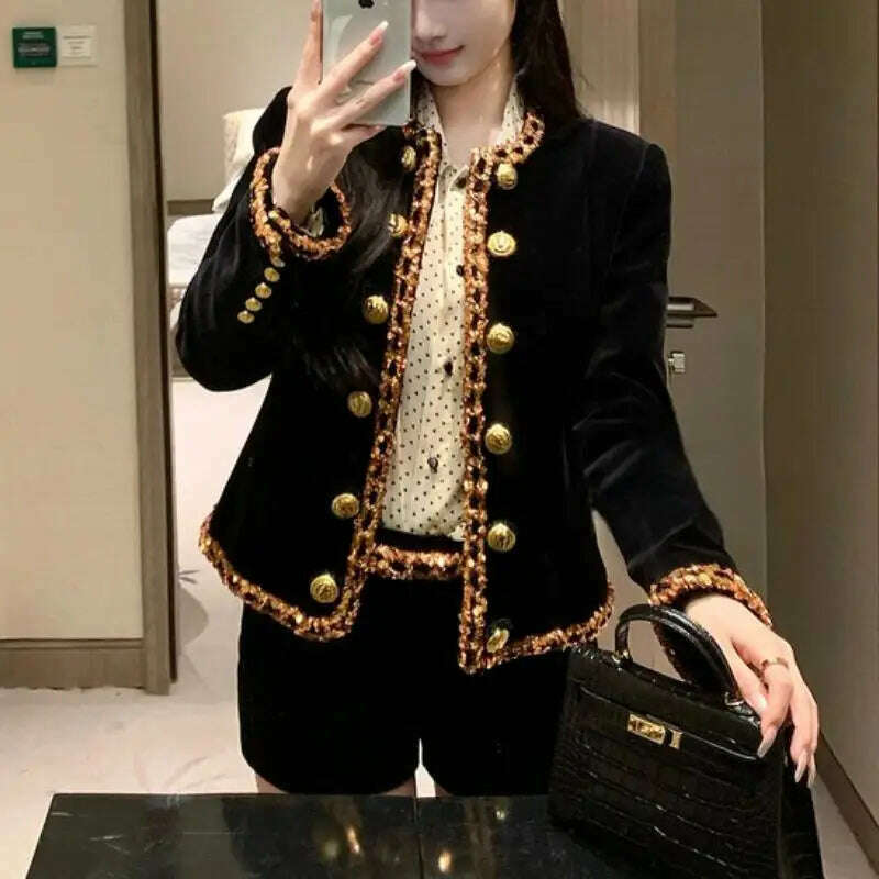 KIMLUD, Top Brand Newest Fashion 2024 Designer Jacket Women's Sequined Chain Beaded Lion Buttons Velvet Jacket, black / S / CHINA, KIMLUD APPAREL - Womens Clothes