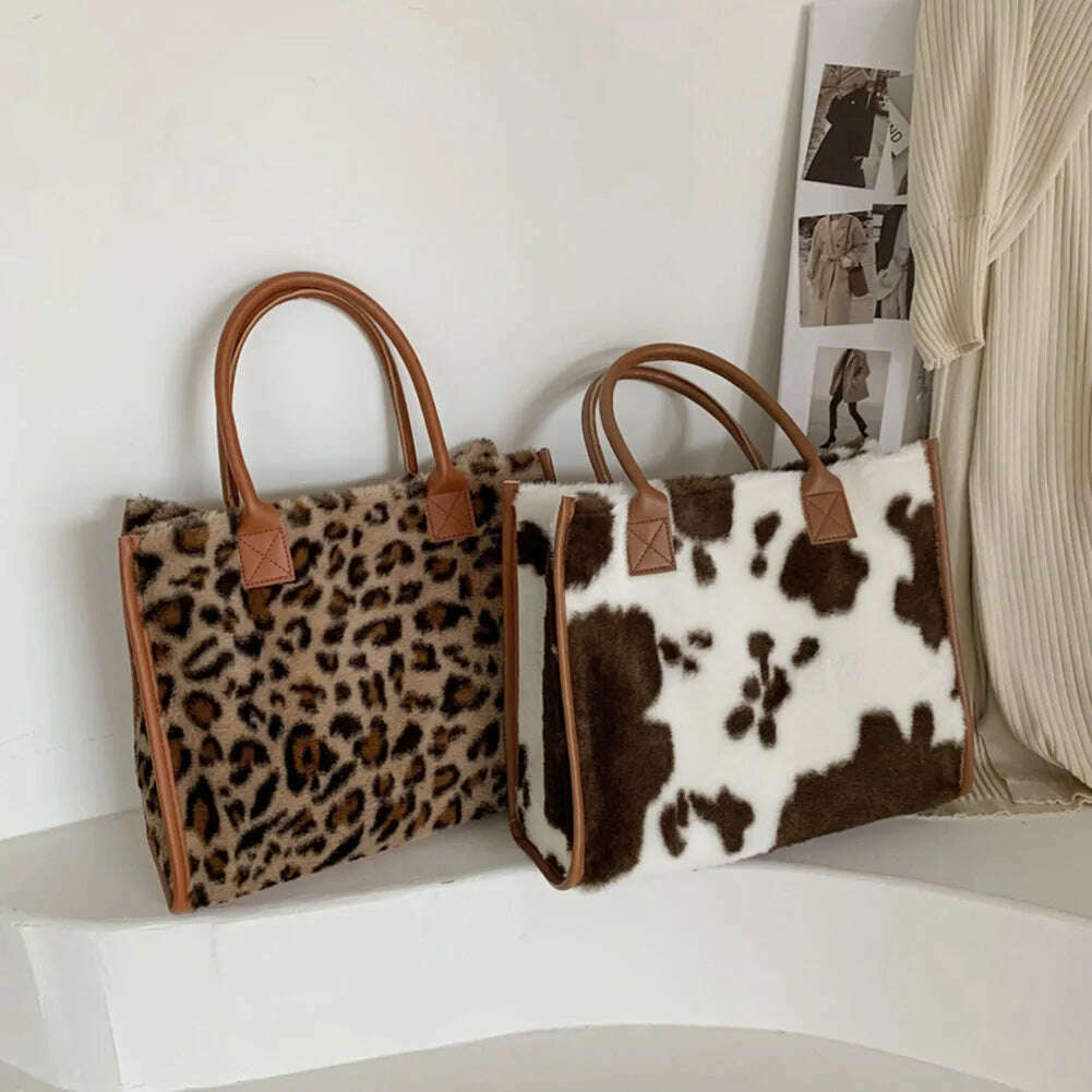 Top-Handle Bags Retro Cow Leopard Print PU Leather Plush Design Autumn Winter Fashion Small Women Small Handbags - KIMLUD