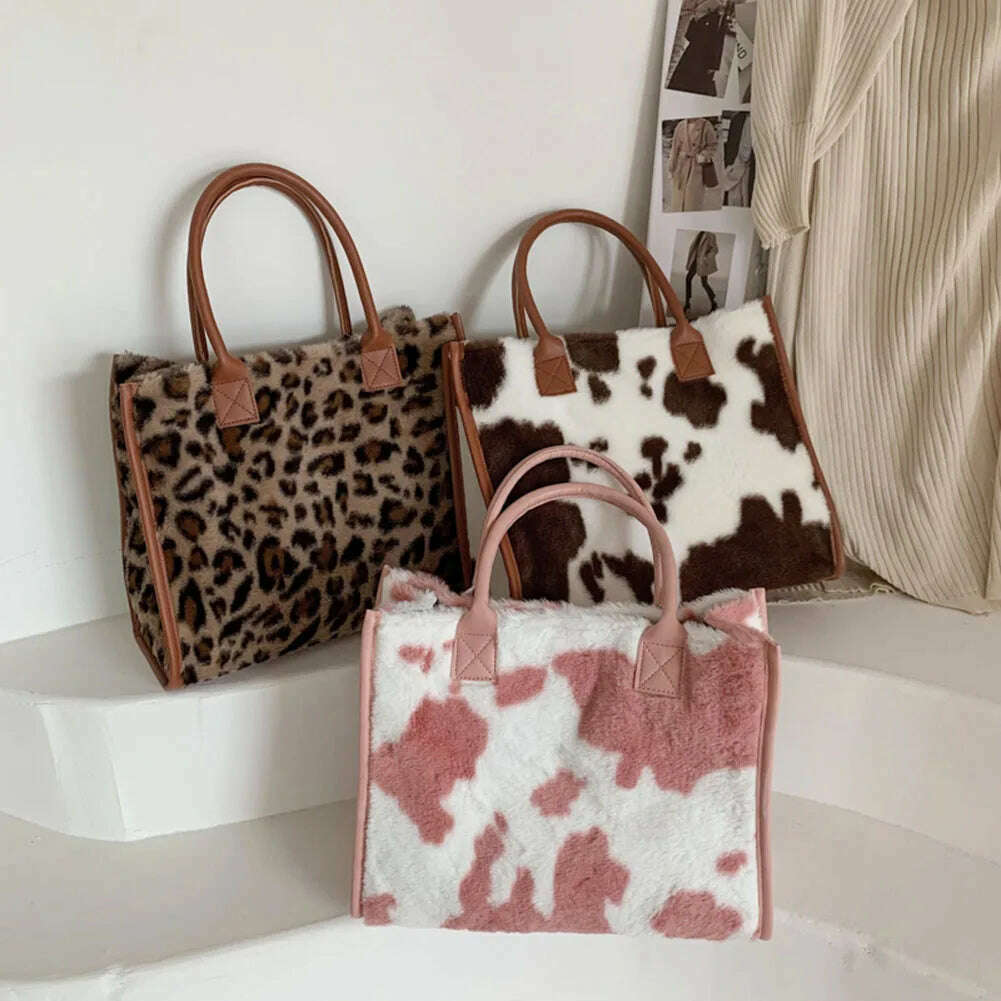 KIMLUD, Top-Handle Bags Retro Cow Leopard Print PU Leather Plush Design Autumn Winter Fashion Small Women Small Handbags, KIMLUD Womens Clothes