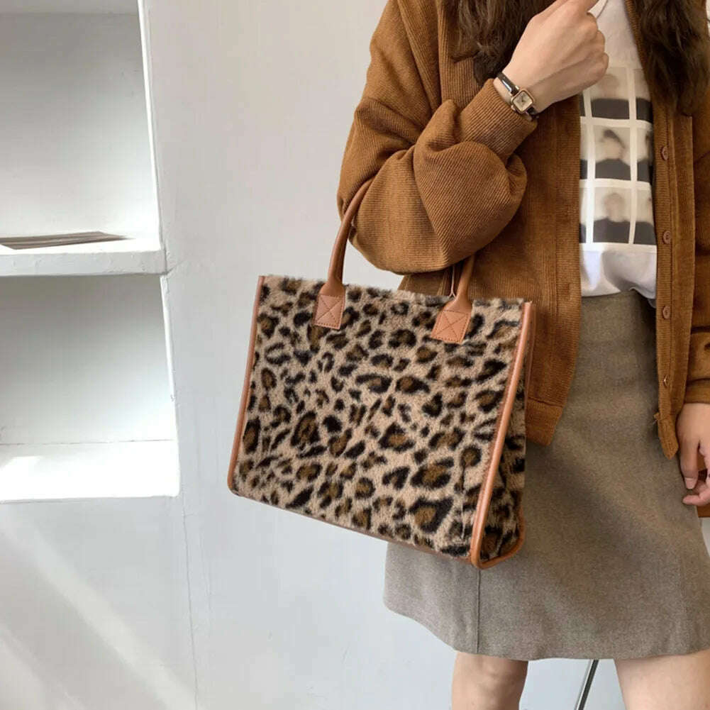 KIMLUD, Top-Handle Bags Retro Cow Leopard Print PU Leather Plush Design Autumn Winter Fashion Small Women Small Handbags, KIMLUD Womens Clothes