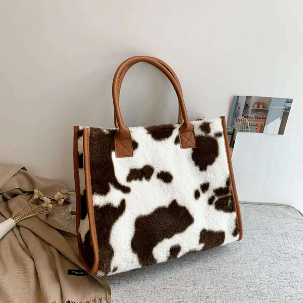 KIMLUD, Top-Handle Bags Retro Cow Leopard Print PU Leather Plush Design Autumn Winter Fashion Small Women Small Handbags, KIMLUD Womens Clothes