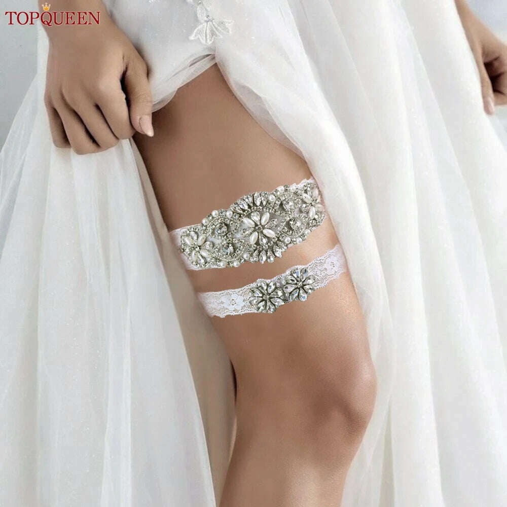 TOPQUEEN Sexy Girls Garter Set White Lace Bridal for Women Silver Rhinestone Belt Black Wedding Garters for Bride Dress S76 - KIMLUD