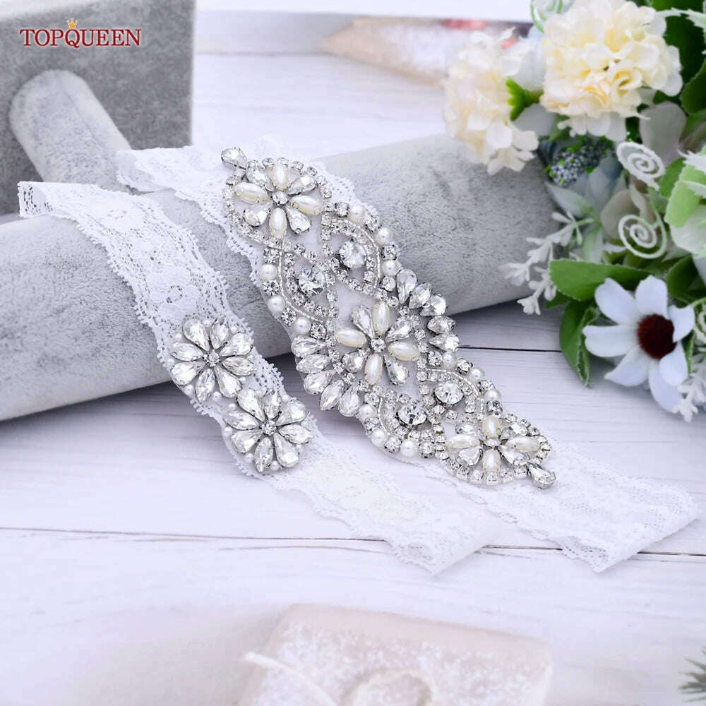 KIMLUD, TOPQUEEN Sexy Girls Garter Set White Lace Bridal for Women Silver Rhinestone Belt Black Wedding Garters for Bride Dress S76, KIMLUD Womens Clothes