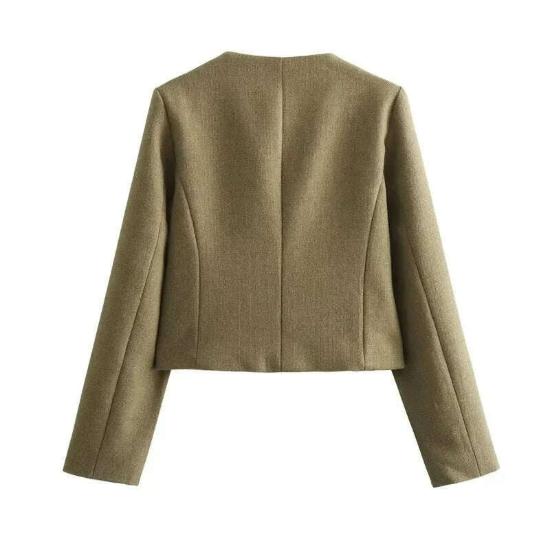 KIMLUD, TRAF Autumn Cropped Jacket For Women Coat Winter Crop Jacket Tweed Round neck Long sleeved Demi-season Jacket Bomber Outerwears, KIMLUD Womens Clothes