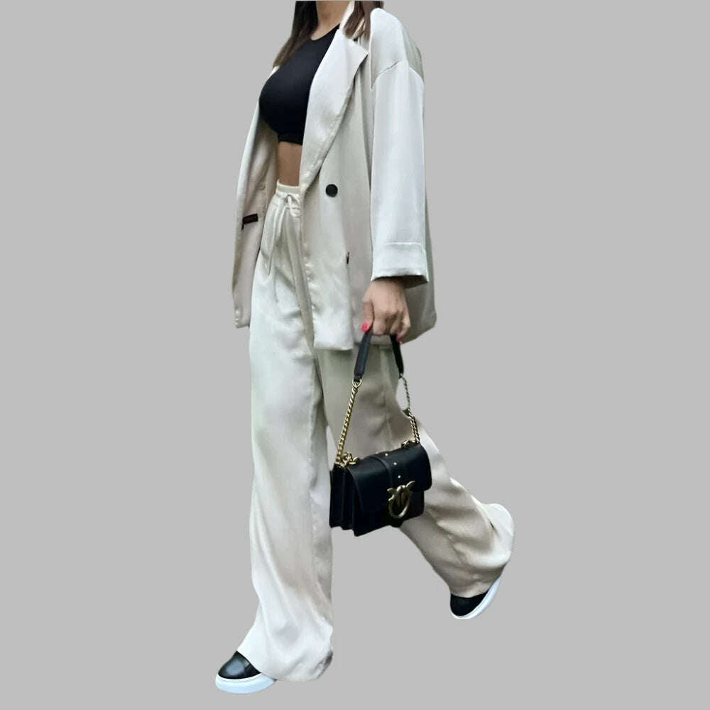 KIMLUD, TRAFZA Casual Beige Shiny Women Blazer Suits V Neck Double Buttons Loose Blazer+High Waist Wide Leg Pants Fashion 2024 Suits, KIMLUD Womens Clothes