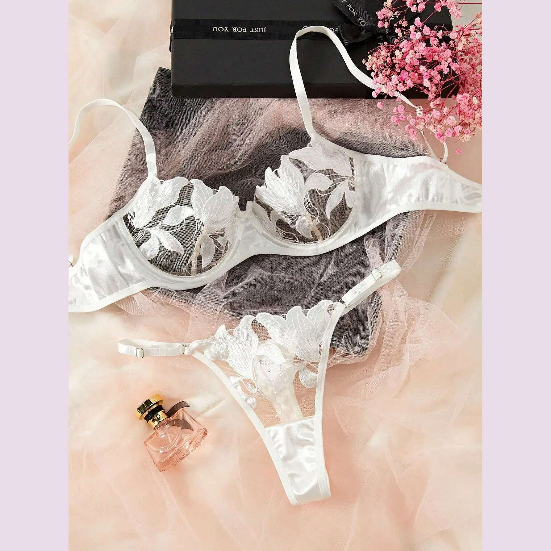 Transparent Floral Two Pieces Exquisite Lace Lingerie Set Ultrathin Bra Briefs Set Solid Exotic Lingerie For Ladies 2024 - KIMLUD