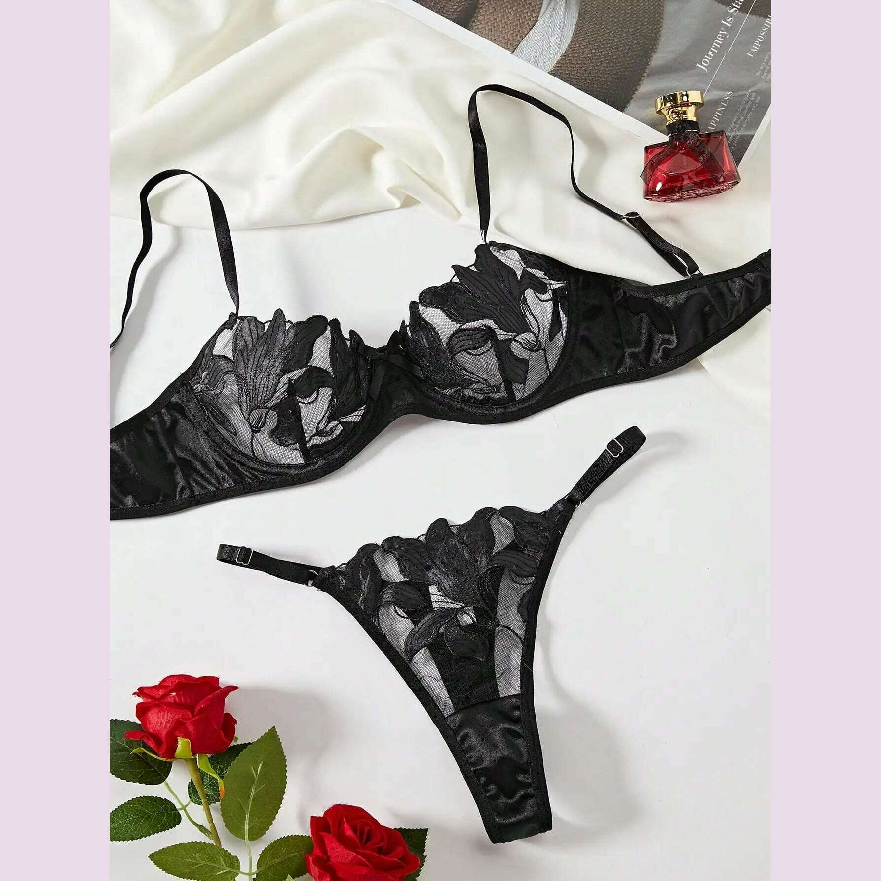 Transparent Floral Two Pieces Exquisite Lace Lingerie Set Ultrathin Bra Briefs Set Solid Exotic Lingerie For Ladies 2024 - KIMLUD