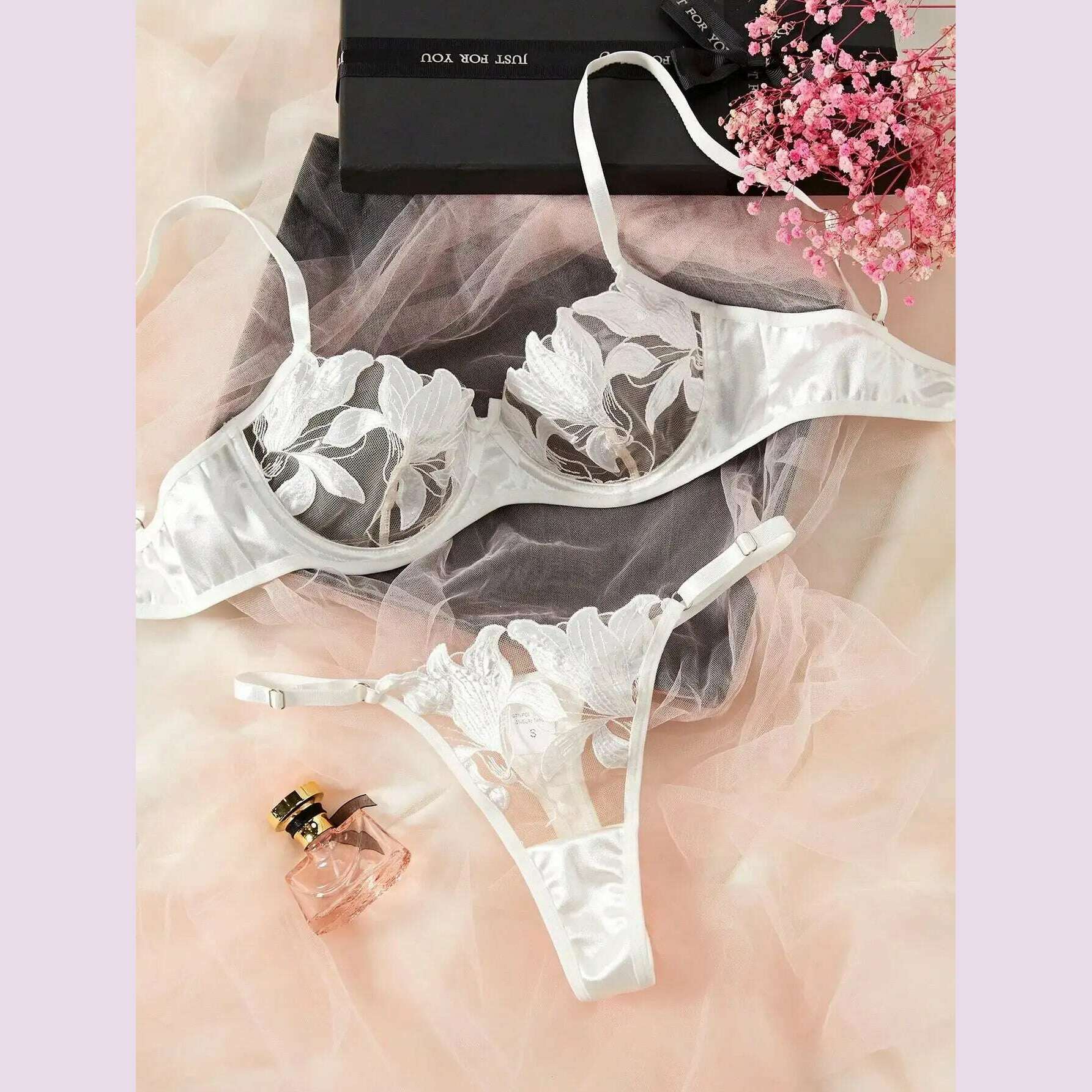 Transparent Floral Two Pieces Exquisite Lace Lingerie Set Ultrathin Bra Briefs Set Solid Exotic Lingerie For Ladies 2024 - KIMLUD