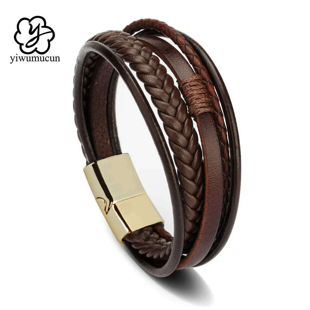 Trendy Leather Bracelets For Men Stainless Steel Bracelet 21CM Multilayer Braided Rope Bracelets for Male Jewelry Gifts - KIMLUD