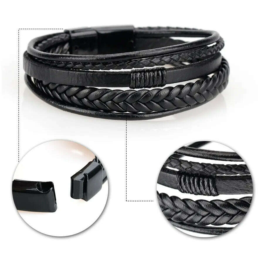 KIMLUD, Trendy Leather Bracelets For Men Stainless Steel Bracelet 21CM Multilayer Braided Rope Bracelets for Male Jewelry Gifts, KIMLUD Womens Clothes