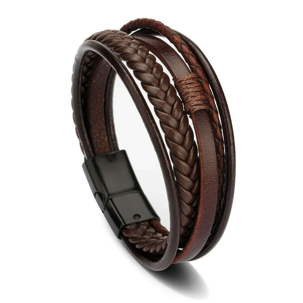 Trendy Leather Bracelets For Men Stainless Steel Bracelet 21CM Multilayer Braided Rope Bracelets for Male Jewelry Gifts - KIMLUD