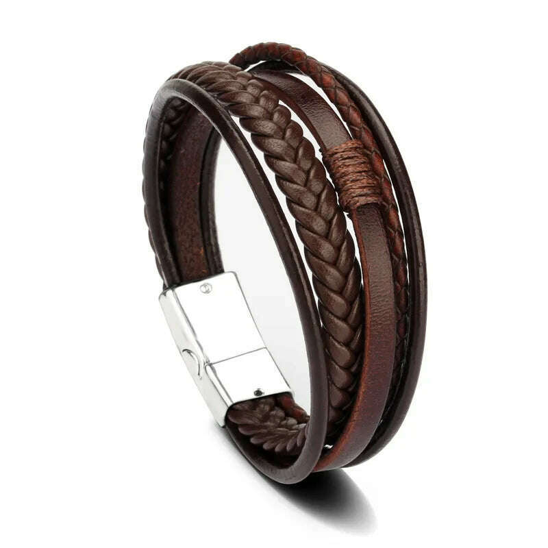 Trendy Leather Bracelets For Men Stainless Steel Bracelet 21CM Multilayer Braided Rope Bracelets for Male Jewelry Gifts - KIMLUD