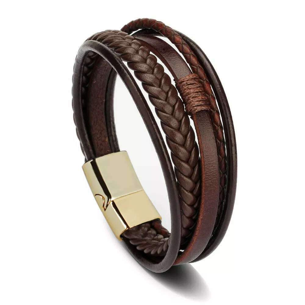 Trendy Leather Bracelets For Men Stainless Steel Bracelet 21CM Multilayer Braided Rope Bracelets for Male Jewelry Gifts - KIMLUD