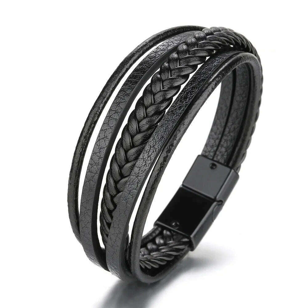 Trendy Leather Bracelets For Men Stainless Steel Bracelet 21CM Multilayer Braided Rope Bracelets for Male Jewelry Gifts - KIMLUD