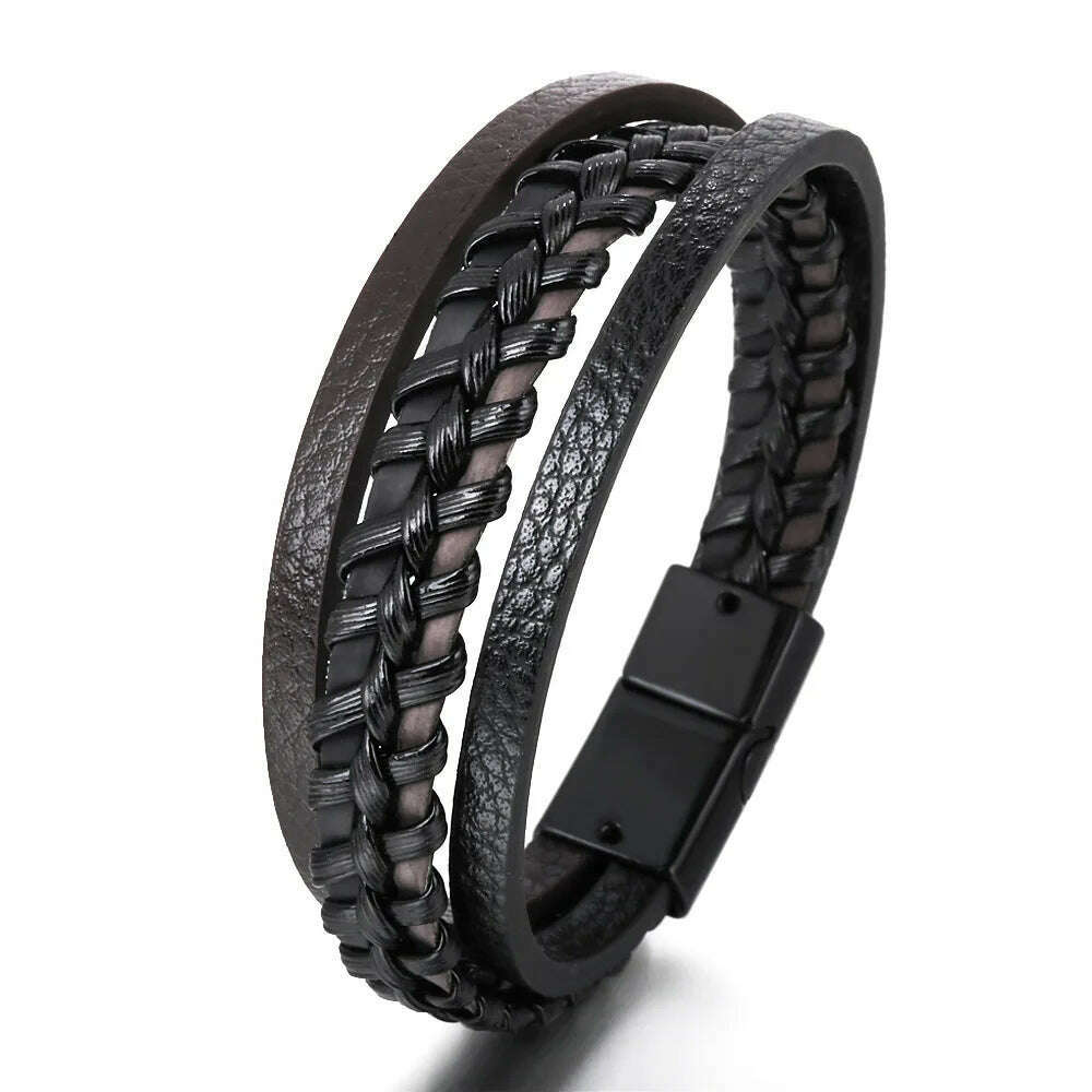 Trendy Leather Bracelets For Men Stainless Steel Bracelet 21CM Multilayer Braided Rope Bracelets for Male Jewelry Gifts - KIMLUD