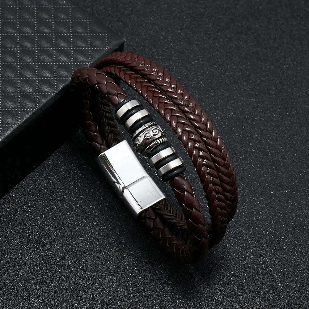 Trendy Leather Bracelets For Men Stainless Steel Bracelet 21CM Multilayer Braided Rope Bracelets for Male Jewelry Gifts - KIMLUD