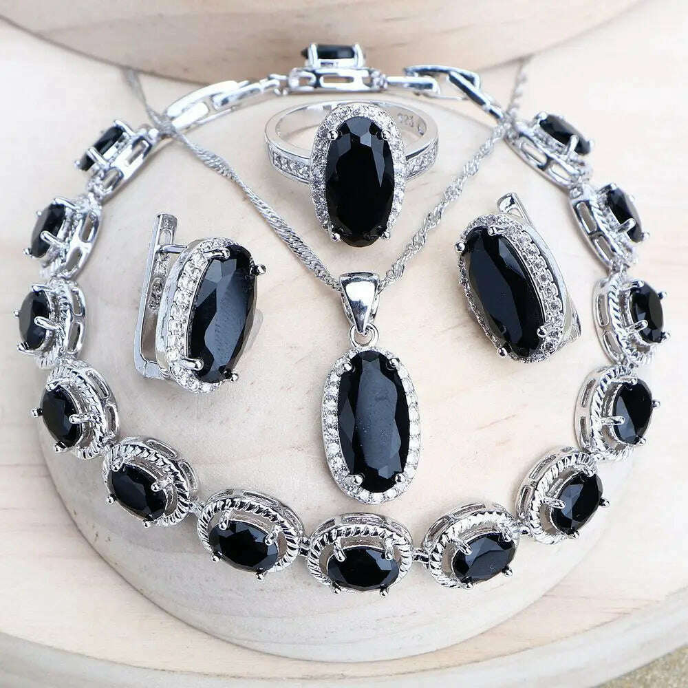 KIMLUD, Trendy Women Bridal Jewelry Sets Silver 925 Black Cubic Zirconia Jewellery Wedding Earrings Rings Bracelets Pendant Necklace, 4PCS-Black / 7, KIMLUD APPAREL - Womens Clothes